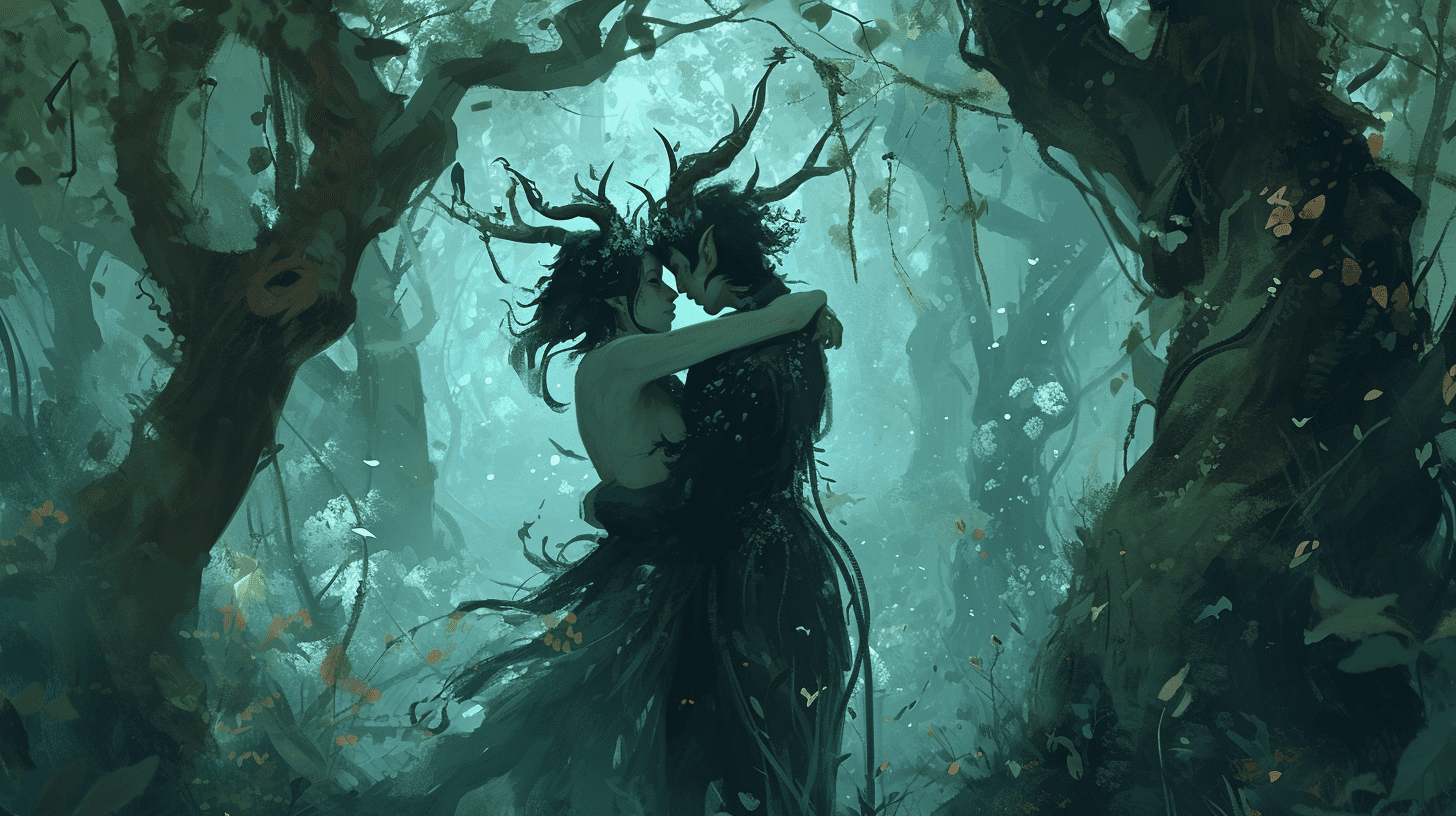 Two dark fae beings embrace in a cursed forest
