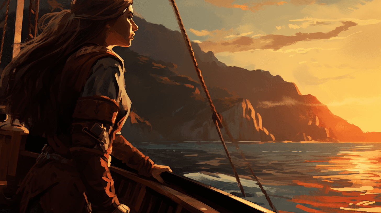 A Viking woman stares at a distant shore from the prow of her ship