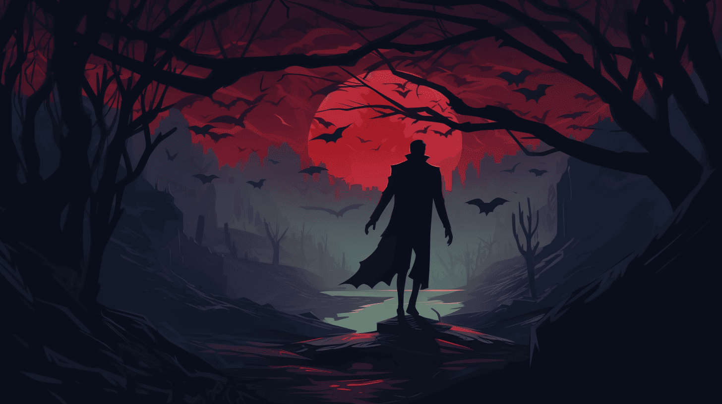 A vampire stands against an ominous background with bats swirling around him