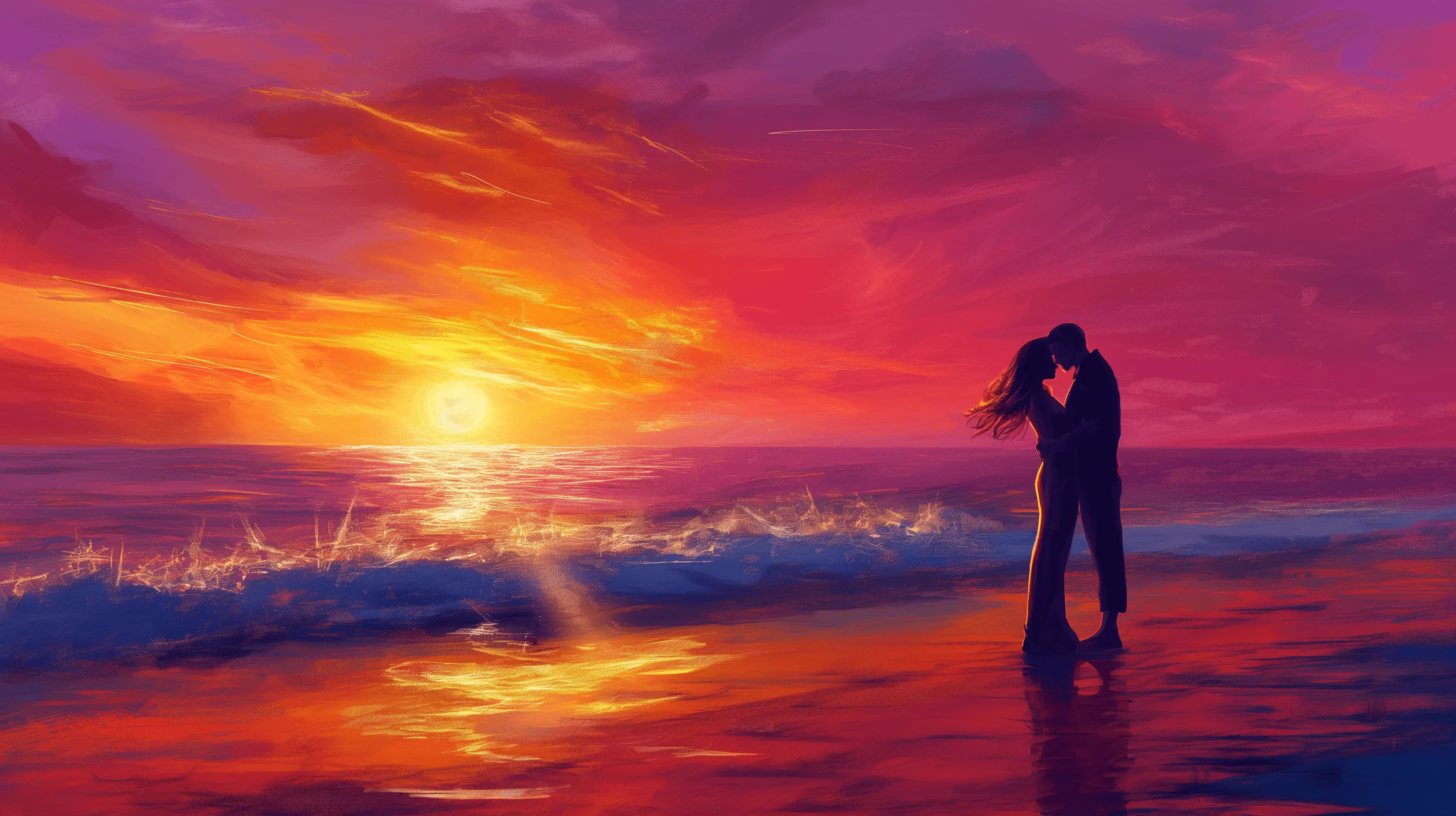 couple embracing on the beach at sunset