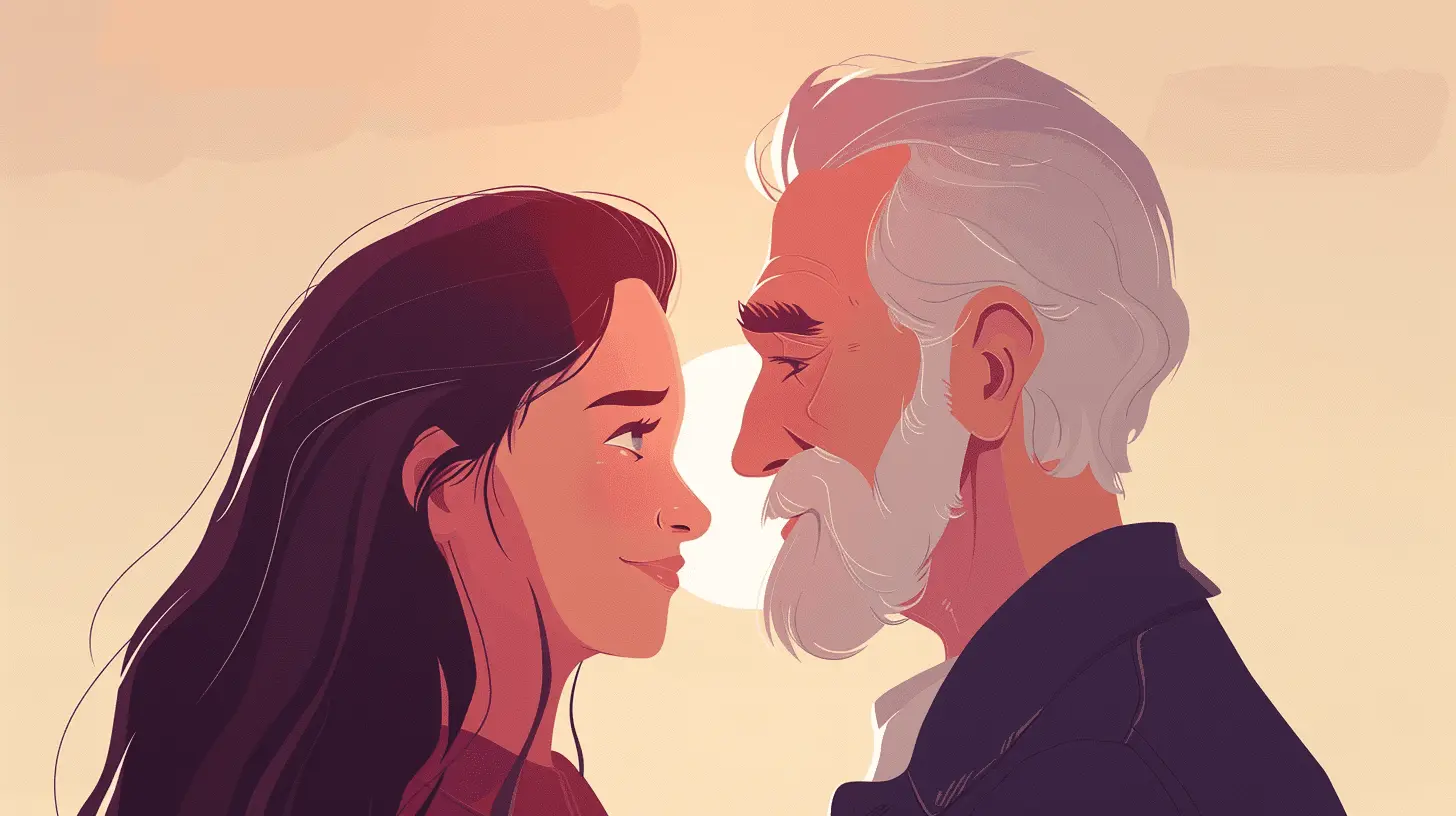 Older man and Younger woman looking into each others eyes