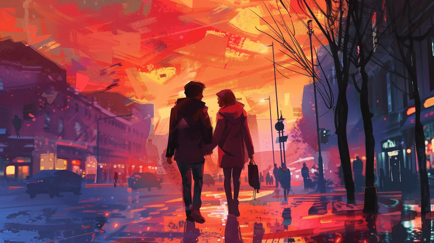 Two adult lovers walking on the street