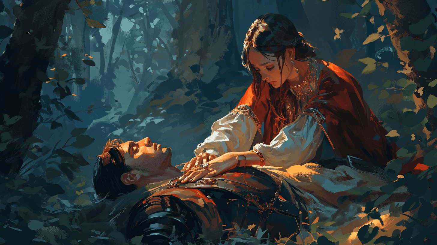 A sorceress heals a wounded knight in the forest.