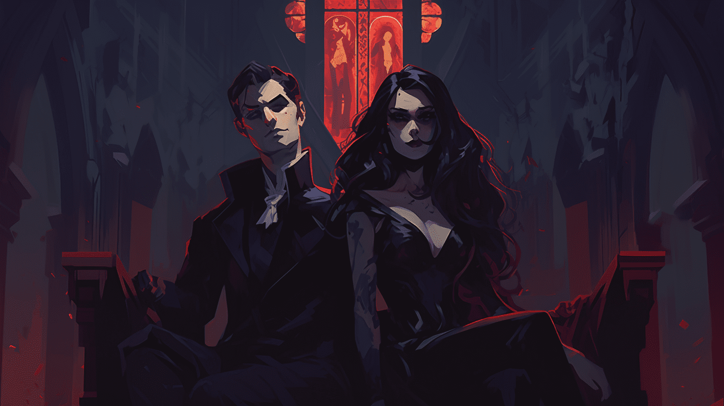 A vampire lord and lady sit on a massive throne in a gothic cathedral.