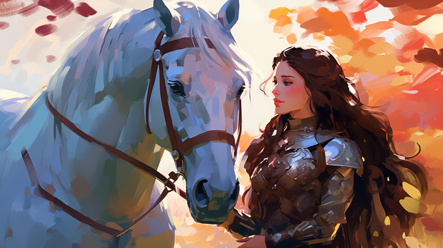 A woman in shining armor tends to her magnificent horse.