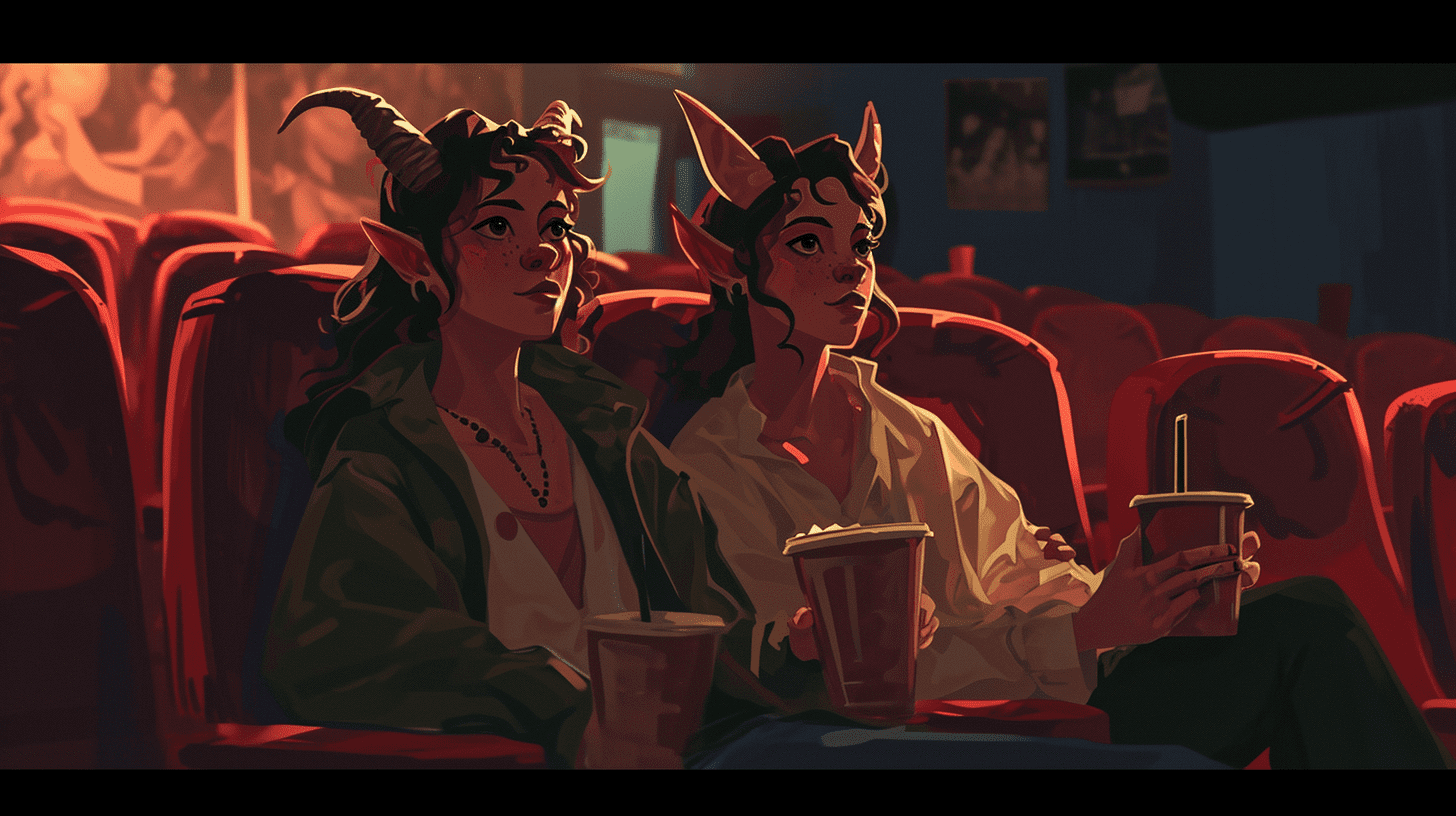 Two roman fauns are on a date in a modern movie theater.