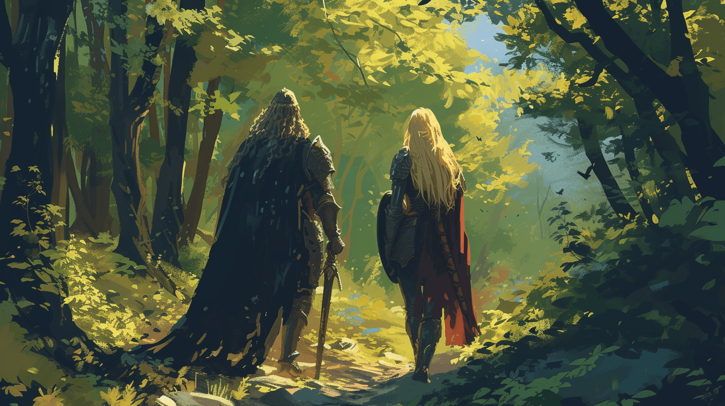 Male and female knights in a forest.