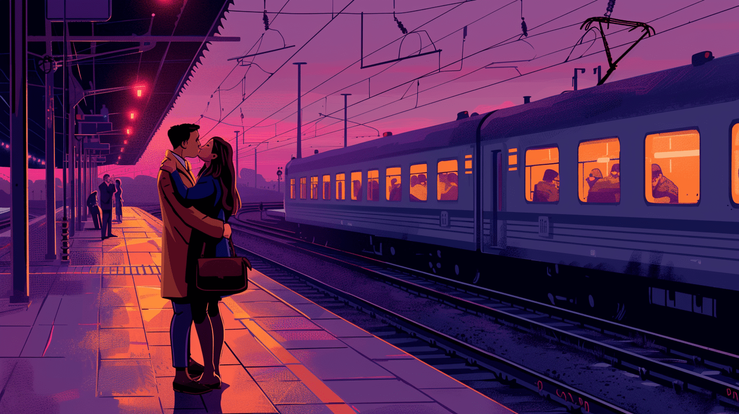 two people kissing at a train station