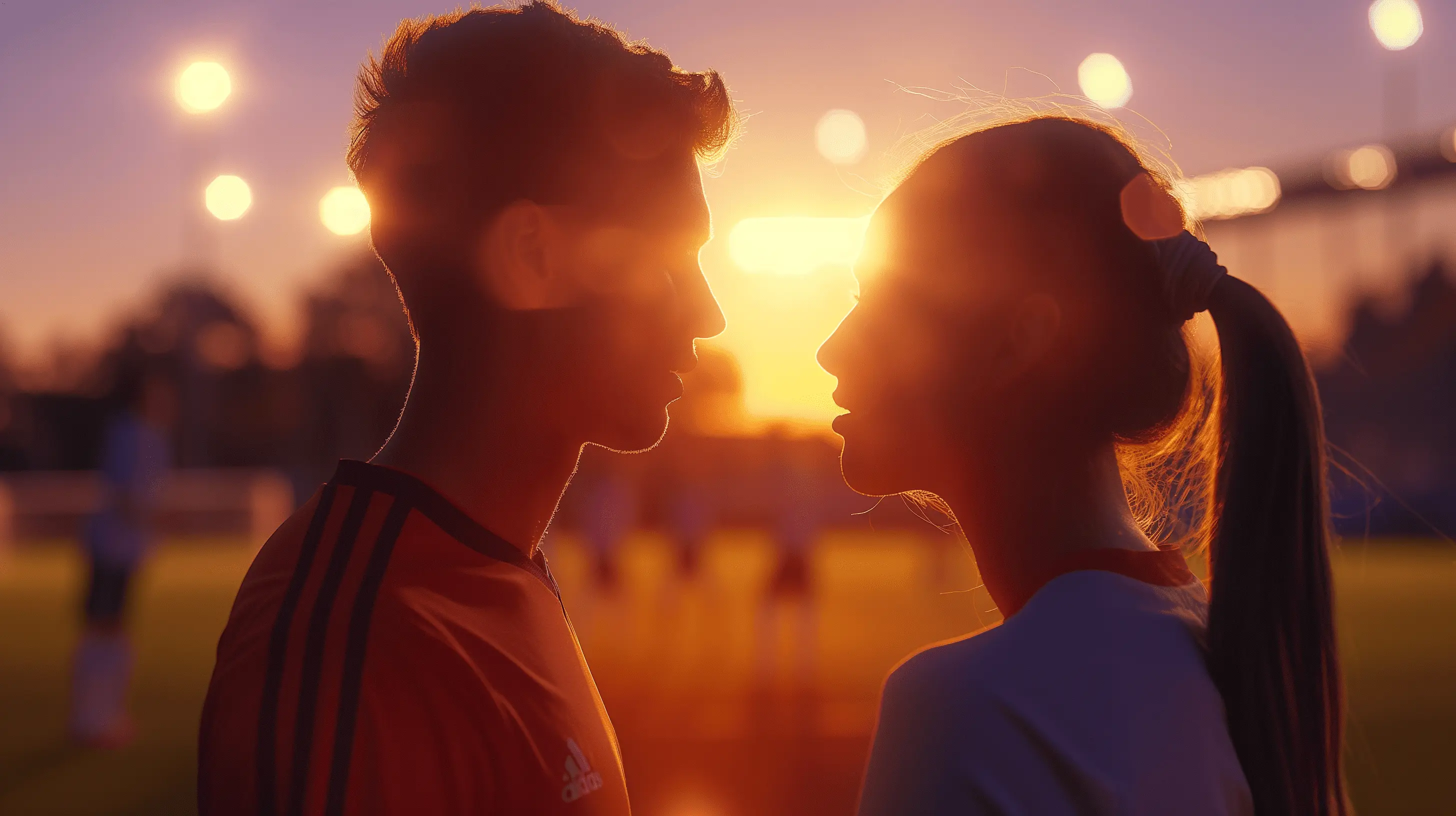 Sporty man and girl staring at each other at a game with lights behind them