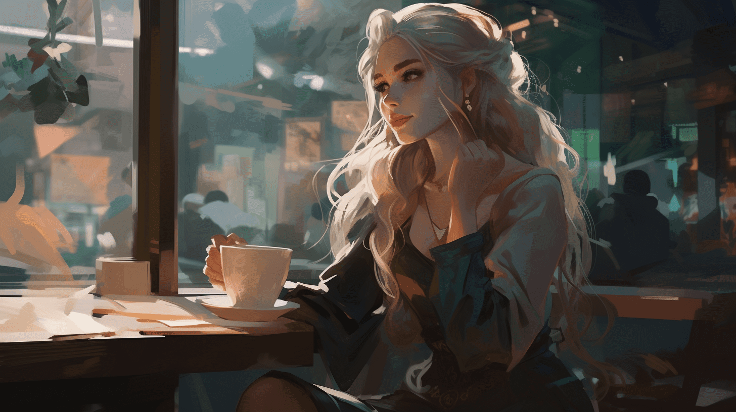 A beautiful elf stares out the window of a modern coffee shop.